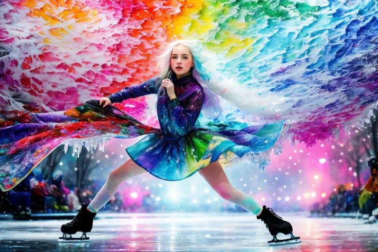 watercolor painting,painting splash art,acid trip,8k,stunning intricate details,a 18 year old girl,ice skating,spinning,happy,