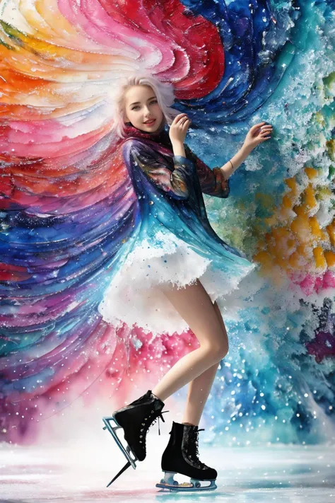 watercolor painting,painting splash art,acid trip,8k,stunning intricate details,a 18 year old girl,ice skating,spinning,happy,