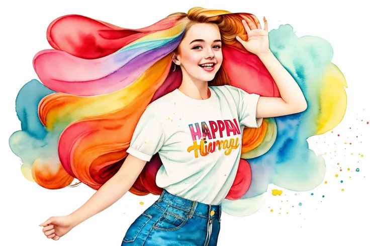 2d retro illustration, watercolor, pencil crayon,photo of a 18 year old girl,dancing,happy,laughing,