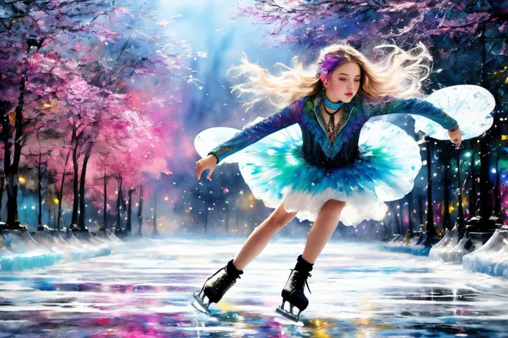 watercolor painting,painting splash art,acid trip,8k,stunning intricate details,a 18 year old girl,ice skating,spinning,happy,