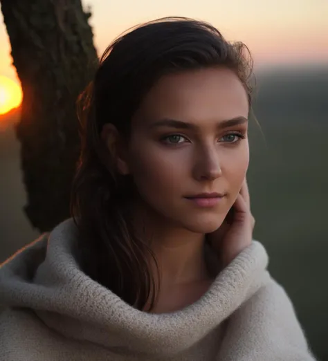 a woman in a white sweater is standing near a tree