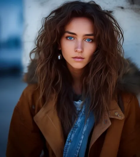 a close up of a woman with long hair wearing a jacket