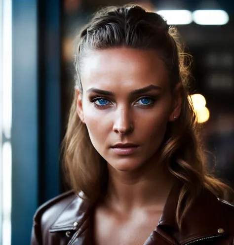 a close up of a woman with a leather jacket and blue eyes