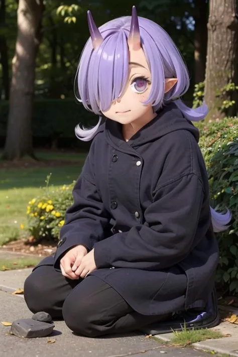 arafed girl with purple hair sitting on the ground in front of a bush