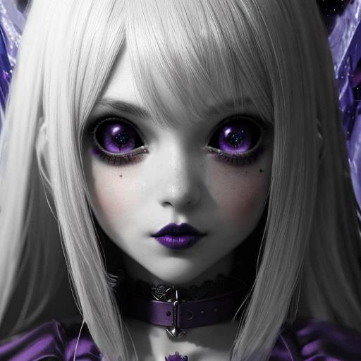 a close up of a doll with purple eyes and a purple dress