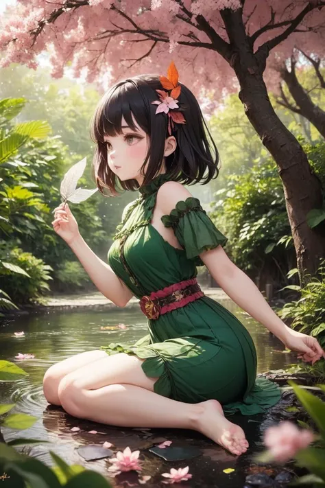 a woman in a green dress sitting on a rock in a river