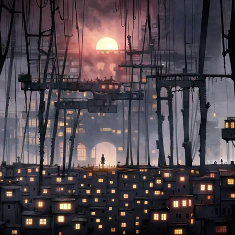 anime city with a man standing on a bridge at night