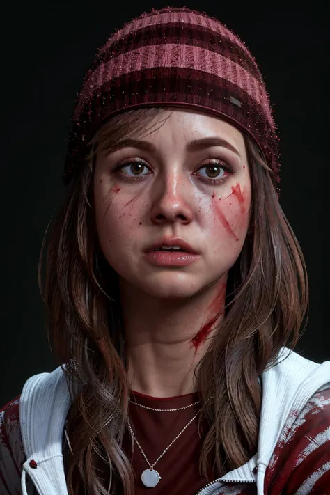 masterpiece, highres, raw, photography, photoshoot, instragram, <lora:ashleyUD:1>, ashleyud, woman, upper body, dark background, black background, portrait, face, blood, wounds, sad, cuts, (red shirt:1.02),