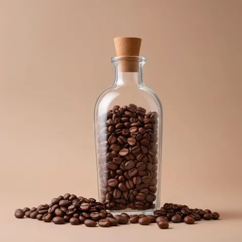 a close up of a bottle filled with coffee beans