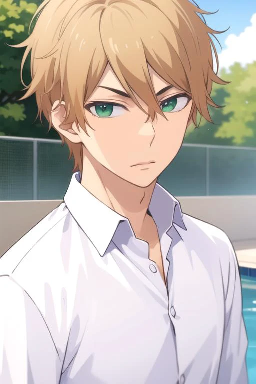 masterpiece, best quality, game cg, 1boy, solo, male focus, looking at viewer, upper body, depth of field, ligne claire, realistic, <lora:nozomu_nanashima:0.74>, nozomu_nanashima, blonde hair, green eyes, dress shirt, , poolside,