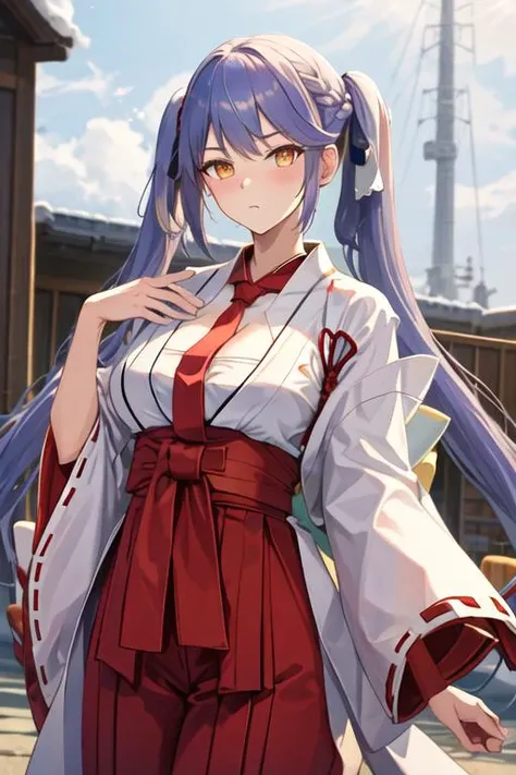 best quality, masterpiece, highres, solo, {white kimono:1.35}, {red hakama:1.35}, {wide sleeves:1.20}, {essex_azurlane:1.15}, long_hair, breasts, bangs, blue_hair, twintails, ribbon, hair_ribbon, blush, yellow_eyes, large_breasts, black_ribbon, cleavage, n...