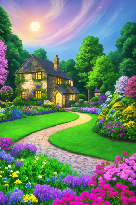 a painting of a house in the middle of a garden