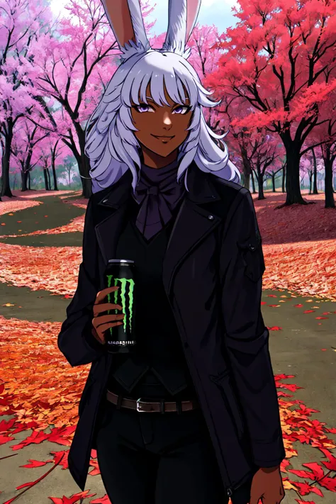 anime character with white hair and bunny ears holding a drink