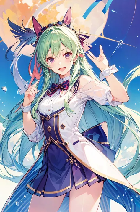 a girl with long green hair and a cat ears is standing in the snow