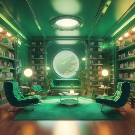 <lora:retrofuturism_interior_design_ofn_0.1:1>,  retrofuturism interior design,
shimmery emerald color scheme
, 
 
Library - A cozy and intimate space filled with bookcases that stretch from floor to ceiling. The shelves are filled with books of all genres...