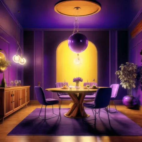 <lora:retrofuturism_interior_design_ofn_0.1:1>,  retrofuturism interior design,
muted purple color scheme
, 
 
Dining room - An elegant and refined space that features a large dining table made of dark wood, comfortable chairs, and a stunning chandelier ov...