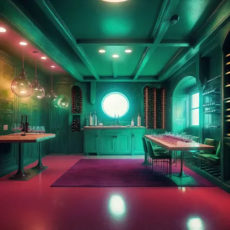 <lora:retrofuturism_interior_design_ofn_0.1:1>,  retrofuturism interior design,
moody emerald color scheme
, 
 
Wine cellar - A cool and dimly lit room that features wine racks lining the walls. The racks are filled with bottles of wine from all over the w...