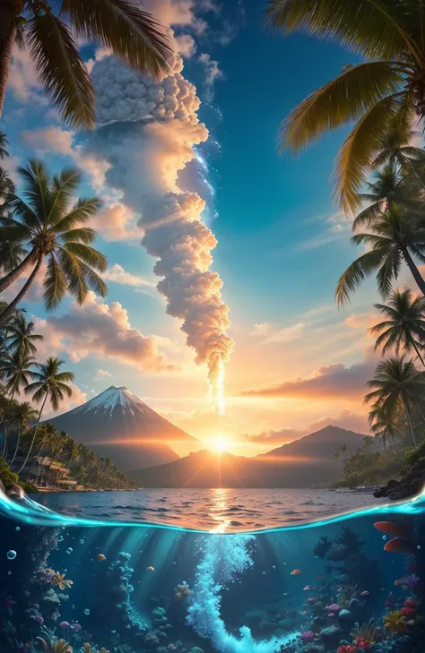 a view of a tropical island with a volcano and palm trees