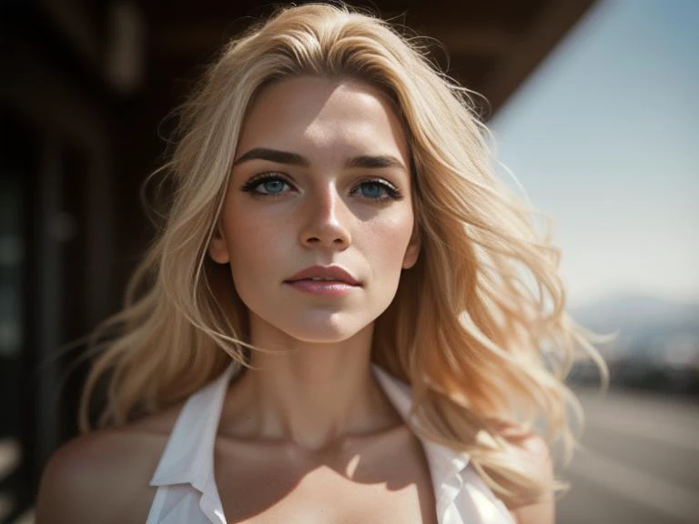 award winning photo, best quality, masterpiece, upper body, ((adept)) woman, freckled face, windblown (blonde hair), emerald eye...