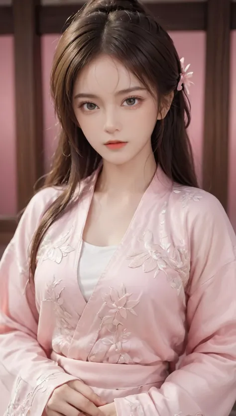 (best quality:1.5),(ultra detailed face, ultra detailed eyes, detailed mouth, detailed body, detailed hands, ultra detailed pink clothes, detailed background:1.5),(symmetrical intricate details + sharpen symmetrical details) | ((close up of dignified femal...