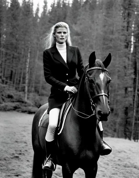 Norway, <lora:LaraStone:1> Lara Stone, a dutch model, 23 year old, posing riding a horse, decently clothed, professional lighting, year 1960 styling, professionally color graded Kodak Tri-X Black and white film, fashion shoot, tack sharp