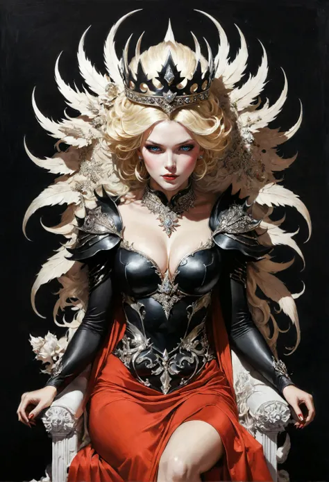 otherworldly astral dark queen, intricate crown, sitting on throne, red royal dress, legs crossed, (full body:1.1), menacing, short blonde hair, scifi, Greg Tocchini, bold lines, hyper detailed, large breasts, cleavage, (intricate details, masterpiece, bes...