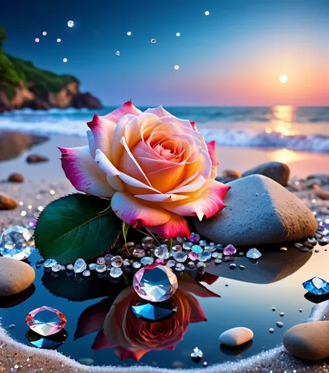 a close up of a rose on a beach with rocks and water