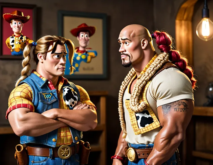 photograph, Fujifilm XT3, overweight Channing Tatum and Dwayne Johnson, the Woody from Toy Story and Tyrion Lannister are Dynamic, their hair is styled as Braided pigtails, Rembrandt lighting