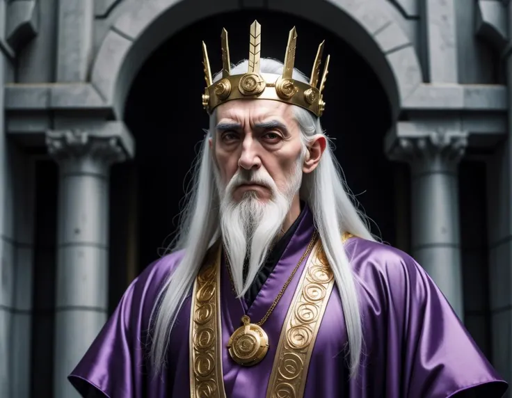 photograph, insane details, top-down view of a Emotionally Charged Neo-Tokyo (Saruman:1.1) wearing roman imperial Steel and Silk Charmeuse tunic, laurel crown, majestic, legate, gold and purple symbols, ð, Salesperson, Sharp and in focus, Canon R5, 80mm