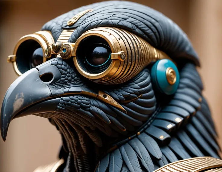 photograph, eye-level shot of a Horus, Horus is Natural and Stressed, in spring tunic, Elusive Burundian Horn-rimmed glasses, in focus, Regret, Technopunk, short lighting, Canon EF, 800mm lens, highly detailed