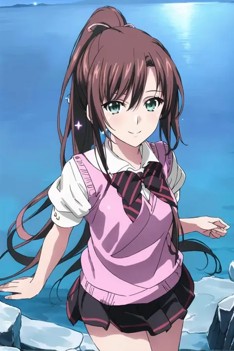 anime girl in a pink shirt and black shorts standing on a rock