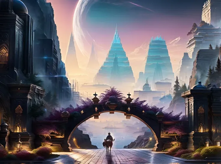 a painting of a man walking through a tunnel in a fantasy city