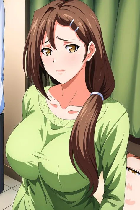 anime girl with long brown hair and green shirt posing for camera