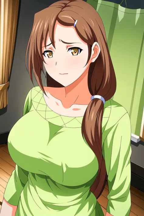 anime girl with long brown hair and green shirt posing for camera