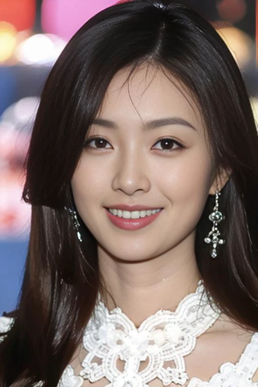 a close up of a woman with long hair wearing a white dress