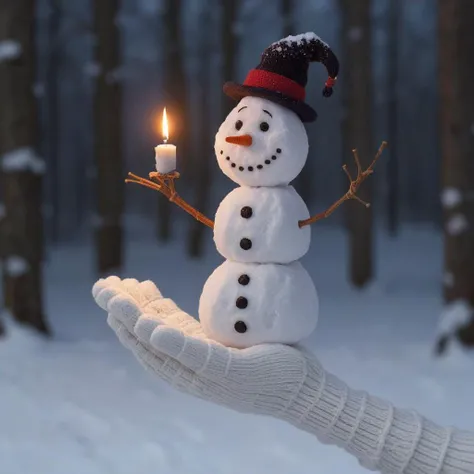 <lora:SDXL_Christmas_Sa_May:1> Christmas, a snowman is sitting on a hand, forest, night, candles