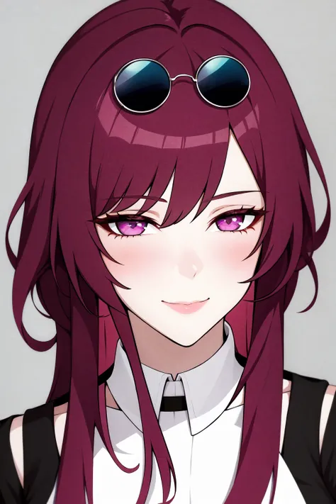 1girl, solo, long hair, looking at viewer, smile, closed mouth, purple eyes, purple hair, red hair, glasses, grey background, portrait, eyewear on head,star-kafka, (mature female:1.4), <lora:kafka-v3-nai-13ep-resize:0.7>