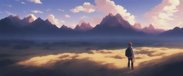 a red bearded young man, red hair, mountains in background, golden ratio, realistic detail, trending pixiv fanbox, style of makoto shinkai studio ghibli genshin impact james gilleard greg rutkowski chiho aoshima