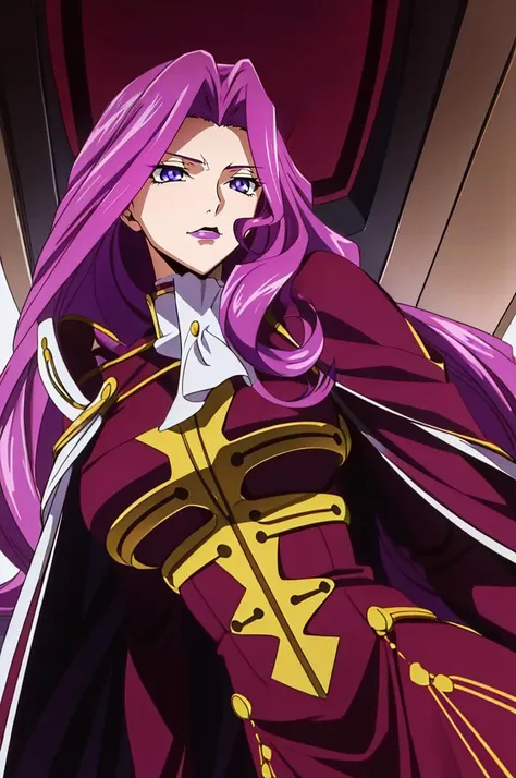 a close up of a woman with long purple hair wearing a purple outfit