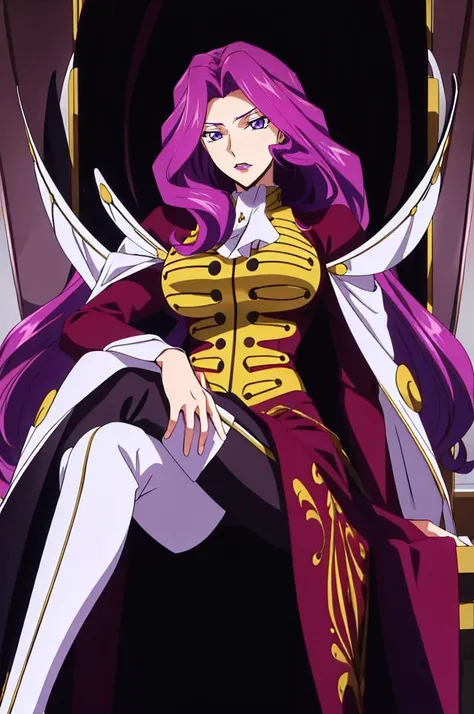 a woman with purple hair sitting on a throne with a sword