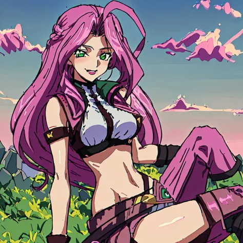 <lora:Cross_Ange-10:1> <lora:cornelia_li_britanniaV2:1>outdoor,Masterpeace,high quality,Cross_Ange, 1girl, solo, long hair, navel, green eyes, pink hair, ahoge, midriff, belt, fingerless gloves, black boots, brown gloves, droopy eyes,pink lips,lipstick,smi...