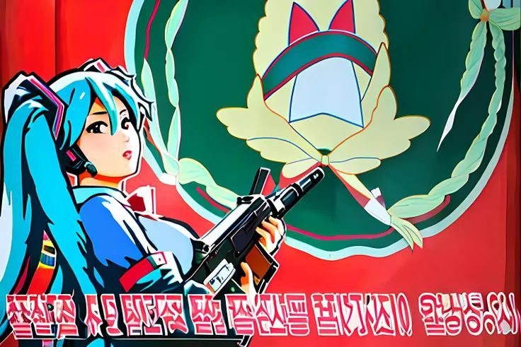 hatsune miku, twintails,  uniform, military, military uniform, parody, korean text, holding gun, <lora:hatsuneMikuMagical_improved:0.3>  <lora:northKoreaPropaganda_v10:1>