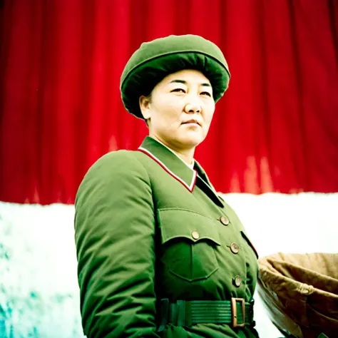 analog style, film, dust, grain, (film grain:1), photography of a woman, march korea north missiel, panzer ,army leader, uniform, <lora:northKoreaPropaganda_v10:1>, <lora:epiNoiseoffset_v2:1> ,<lora:ArgieFilm:1>,