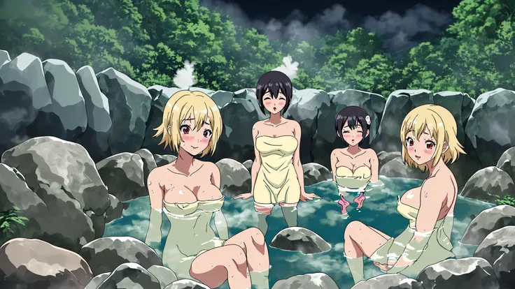 (6+girls:1.25), (adjusting hair:0.35), ass, bangs, bare shoulders, bathing, blush, breasts, bucket, cleavage, collarbone, covering, looking at viewer, (multiple girls), (naked towel:1.15), night, nude cover, onsen, steam, bathing, partially submerged, rock...