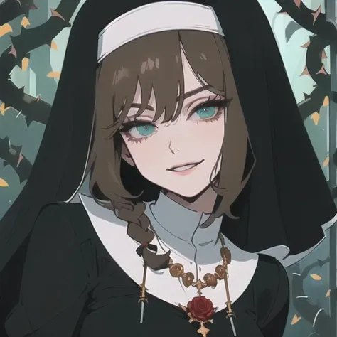 a close up of a woman with a nun outfit and a necklace