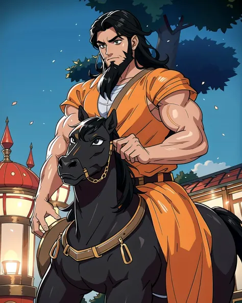 ((masterpiece), best quality, high quality, professional quality, highly detailed, highres, perfect lighting, natural lighting), (1boy, muscular, handsome, long beard, medium length hair, black hair), wearing armor, riding a horse, in a fantasy town