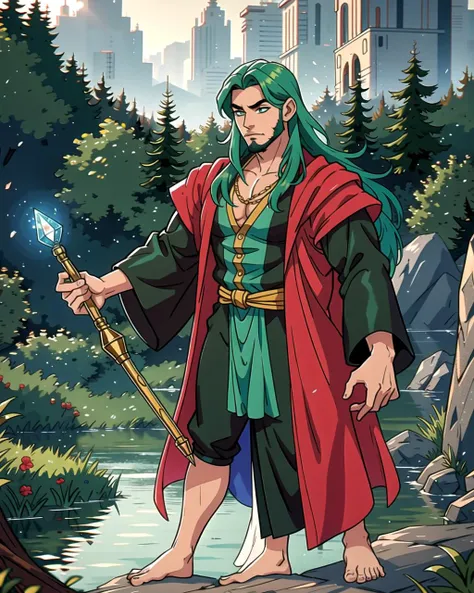 ((masterpiece), best quality, high quality, professional quality, highly detailed, highres, perfect lighting, natural lighting), (1boy, muscular, handsome, long beard, long hair, green hair), wearing wizard robes, casting a spell, by a lake