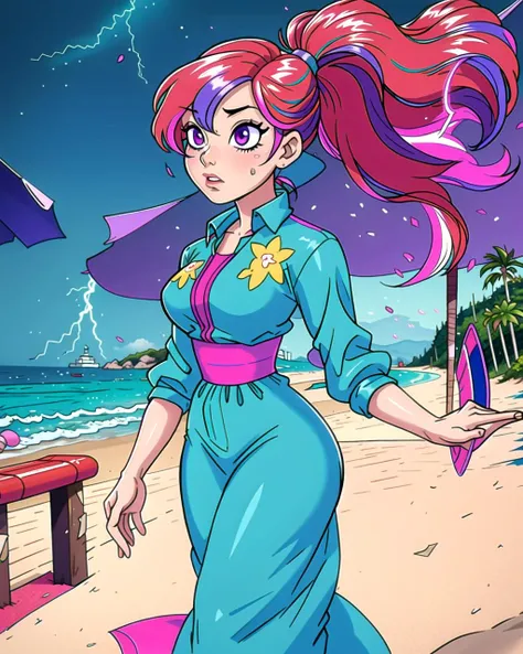 a cartoon girl in a blue dress on a beach