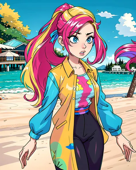 a woman with pink hair and a yellow vest walking on a beach