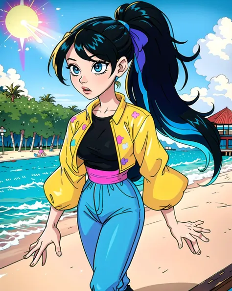 a cartoon girl in a yellow jacket and blue jeans walking on a beach